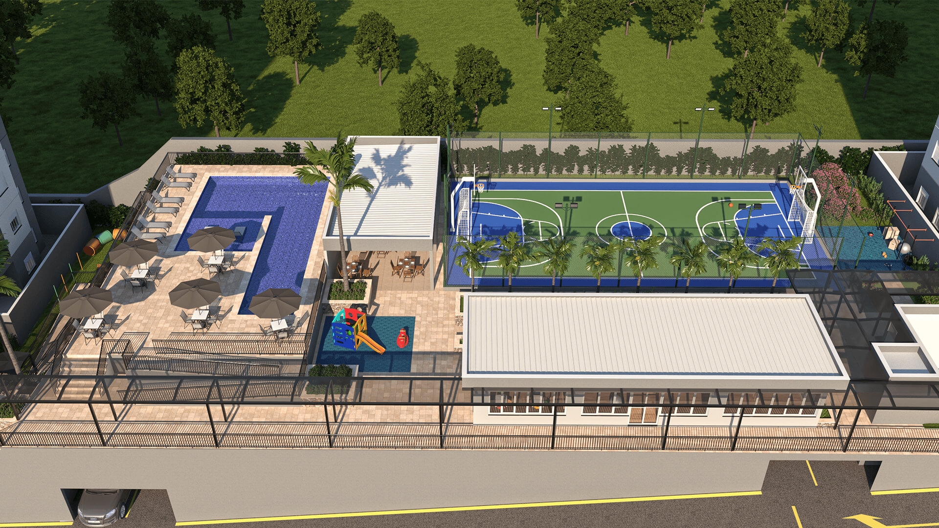 Área de lazer com piscina
